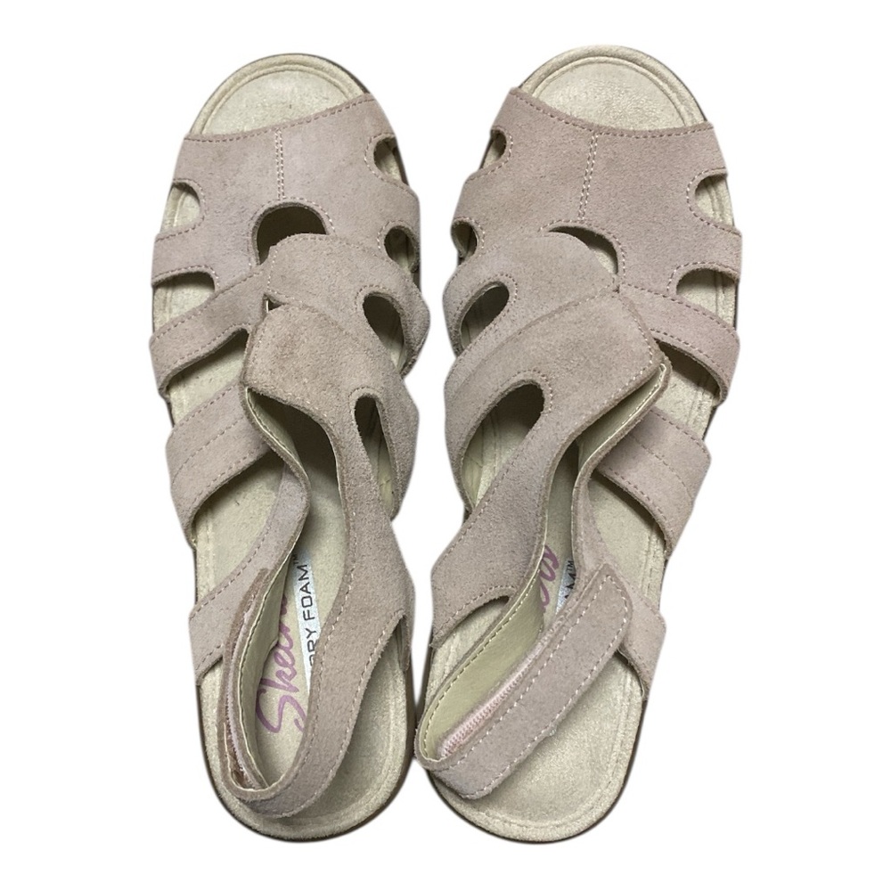 Skechers Memory Foam Blush Pink Suede Caged Wedge Sandals Women’s Size 7 - Picture 10 of 13